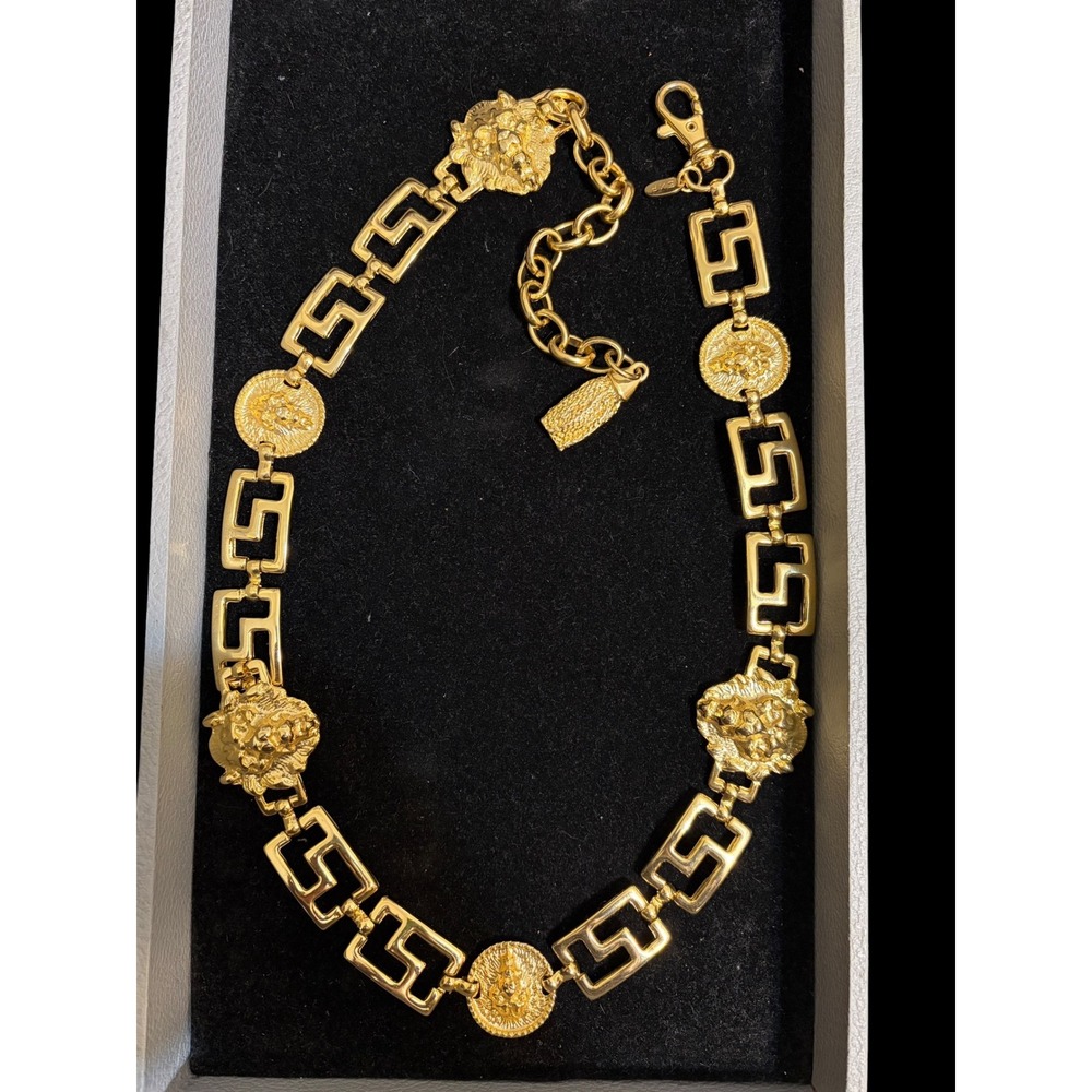 EXP Gold Tone Lion Head Greek Key Chain Belt with Tassel Made in Korea 36 Inch